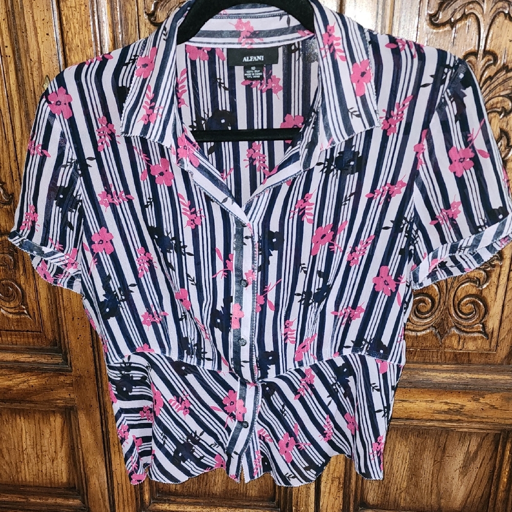 Alfani 100% Silk Navy White Striped Blouse Pink Floral Accents Button Up Peplum